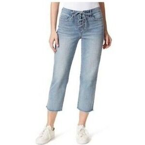 Frayed Jeans Women High Rise,‎ Lace-Up, Straight Leg Crop, Size 4/27, Light Wash
